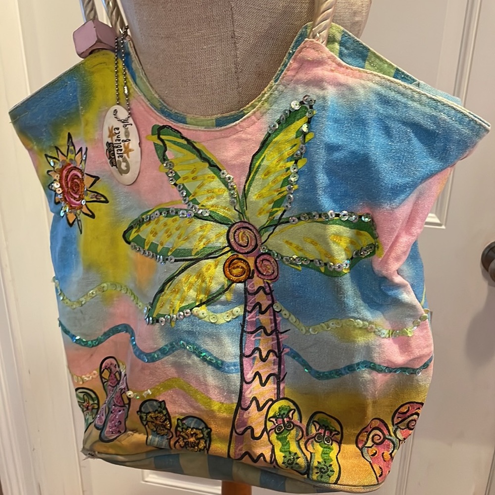 Vtg Casablanca bag large canvas beach tote 100% cotton embellished sequins beads